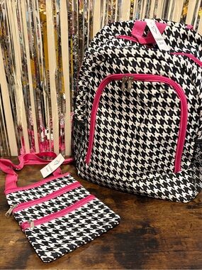 Houndstooth Full-Size Backpack with Matching Crossbody - Black, White & Hot Pink